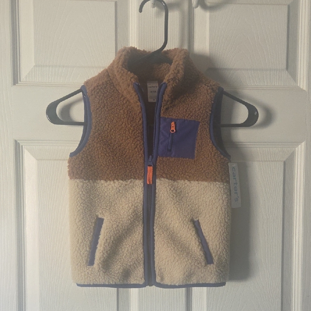 Carter's Two-Tone Sherpa Vest in Brown, Cream & Purple Trim